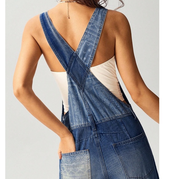 Boho Dark Wash Paisley print Button Wide Leg Denim Bib Overalls - Picture 11 of 12